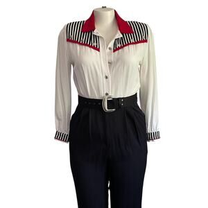 Vintage 90s Nautical Striped Jumpsuit: Blouson Button-Up, Size 14